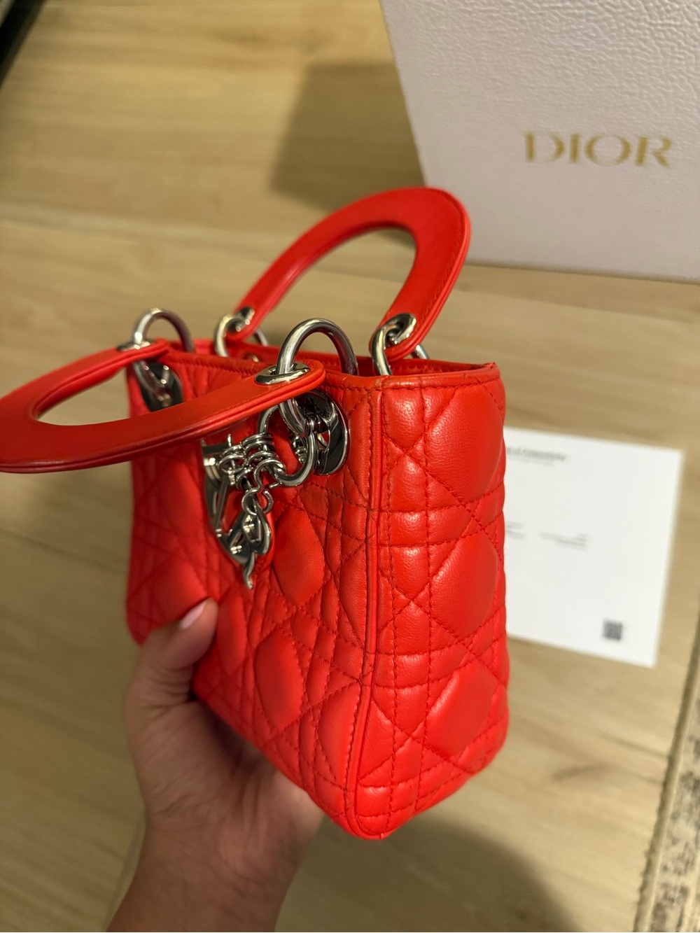 Dior Red Quilted Lady Mini Tote with Silver Hardware - Picture 6 of 13
